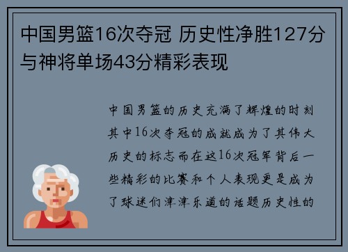 中国男篮16次夺冠 历史性净胜127分与神将单场43分精彩表现